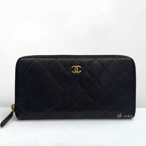 S5334-CHANEL 黑荔枝皮金釦ㄇ拉長夾 A50097