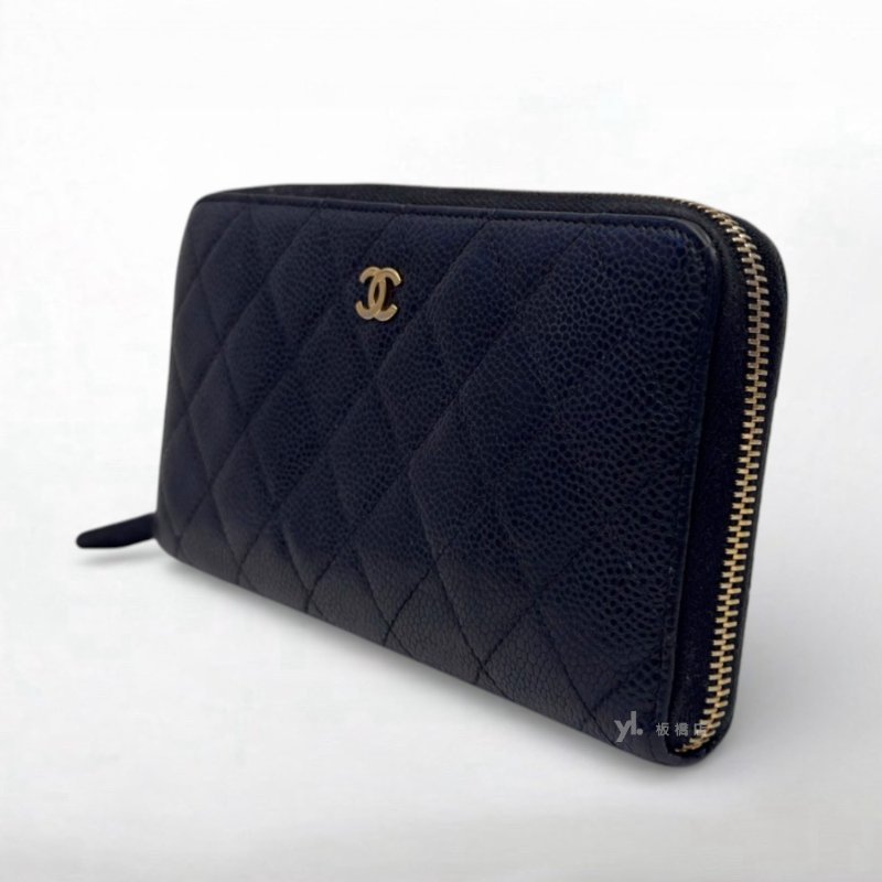 S5334-CHANEL 黑荔枝皮金釦ㄇ拉長夾 A50097-2