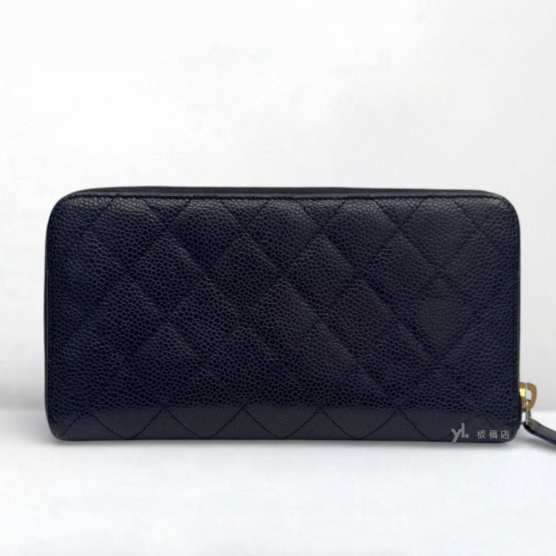 S5334-CHANEL 黑荔枝皮金釦ㄇ拉長夾 A50097-3