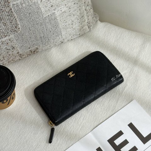 S5334-CHANEL 黑荔枝皮金釦ㄇ拉長夾 A50097