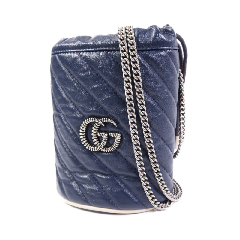 GUCCI 牛皮皮革GG Marmont Bucket銀扣鏈帶肩背袋-2