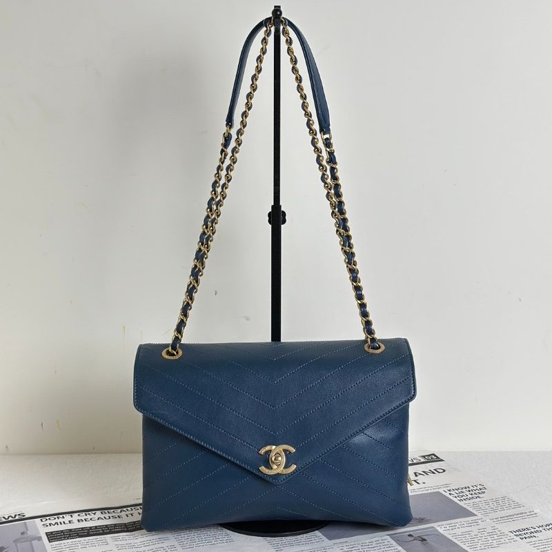 CHANEL 復古V紋信封郵差包 - 藍金25開-0