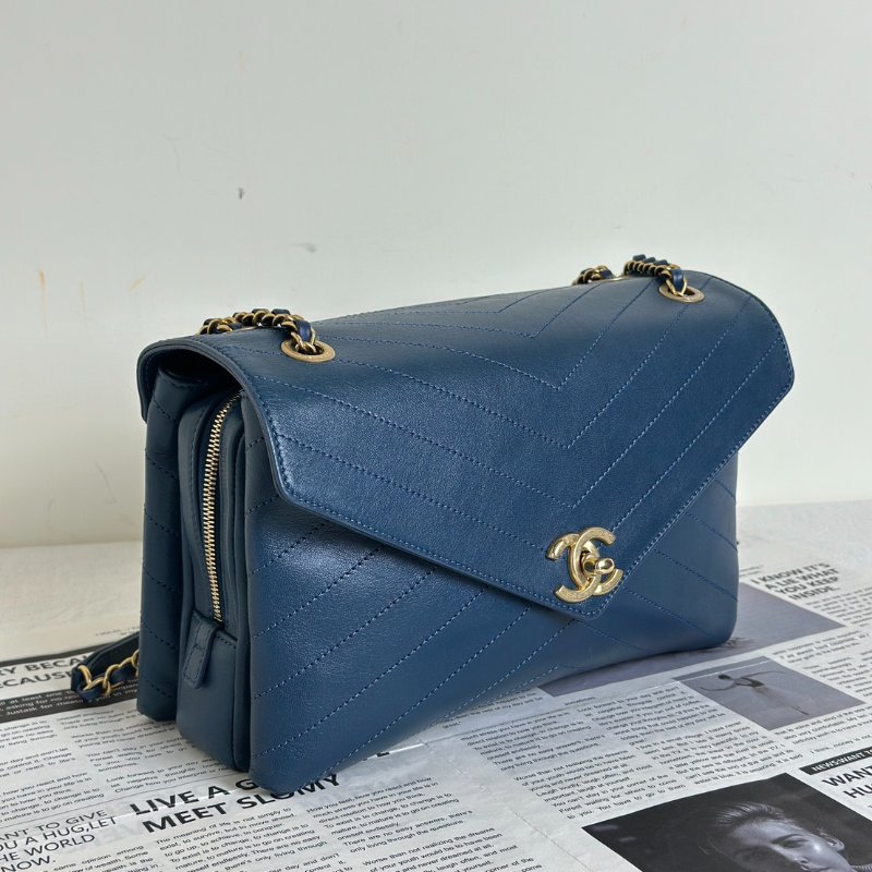 CHANEL 復古V紋信封郵差包 - 藍金25開-10
