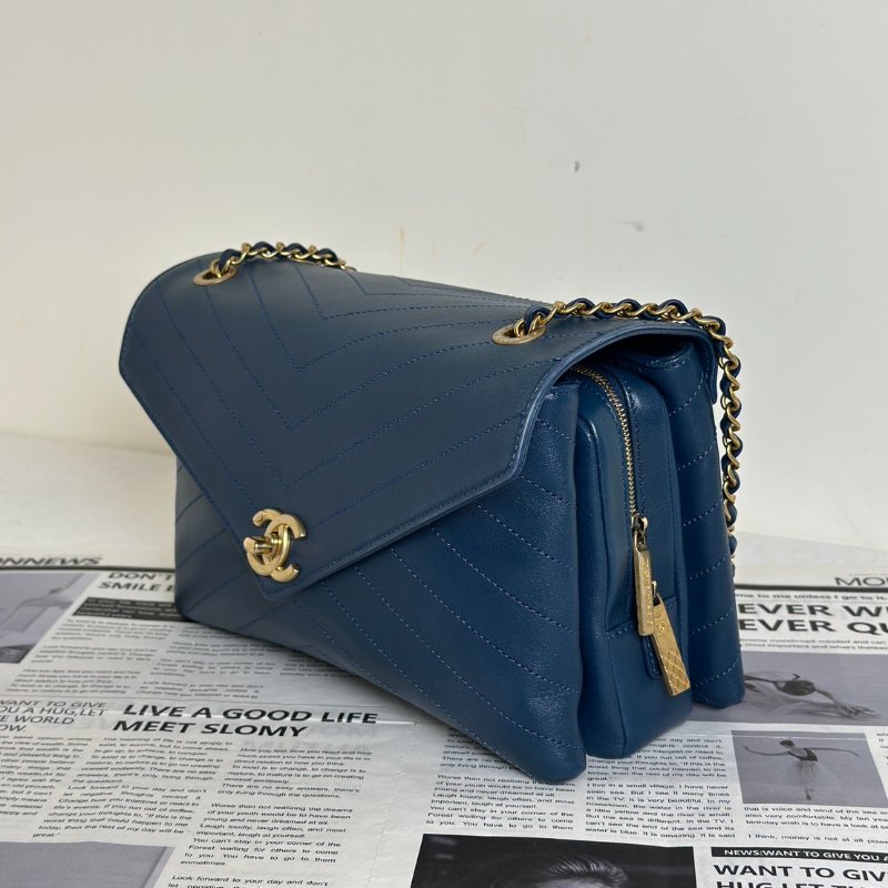 CHANEL 復古V紋信封郵差包 - 藍金25開-11