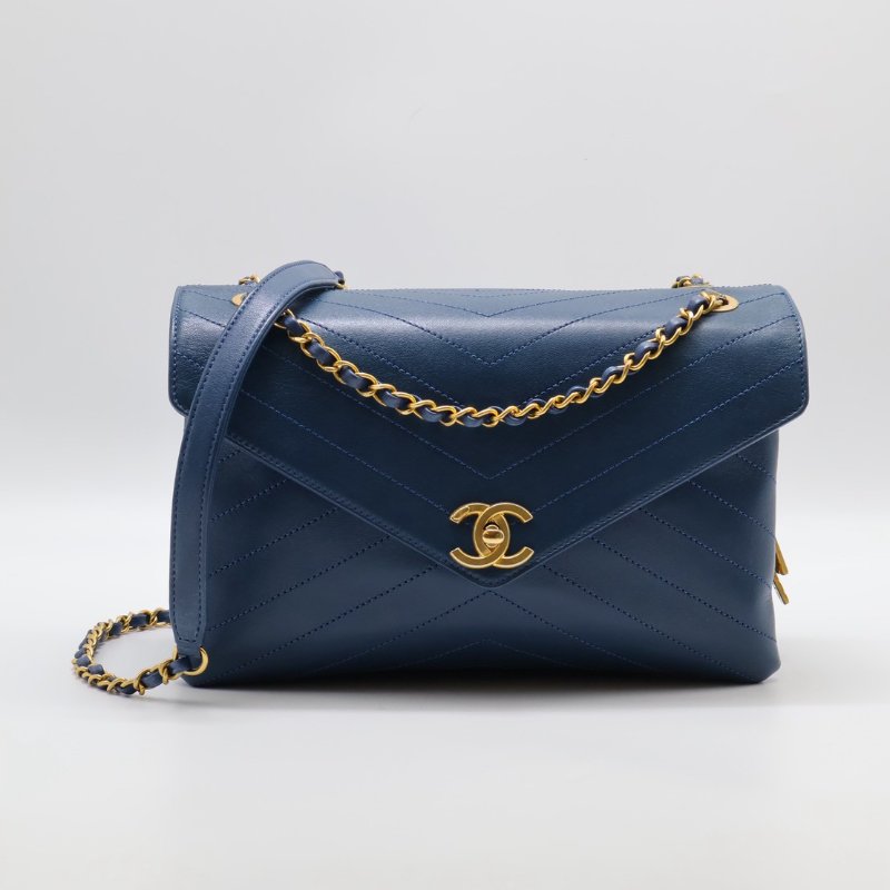 CHANEL 復古V紋信封郵差包 - 藍金25開-0