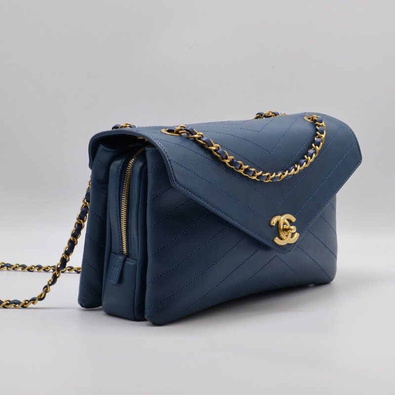CHANEL 復古V紋信封郵差包 - 藍金25開-2