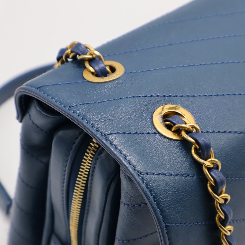 CHANEL 復古V紋信封郵差包 - 藍金25開-6