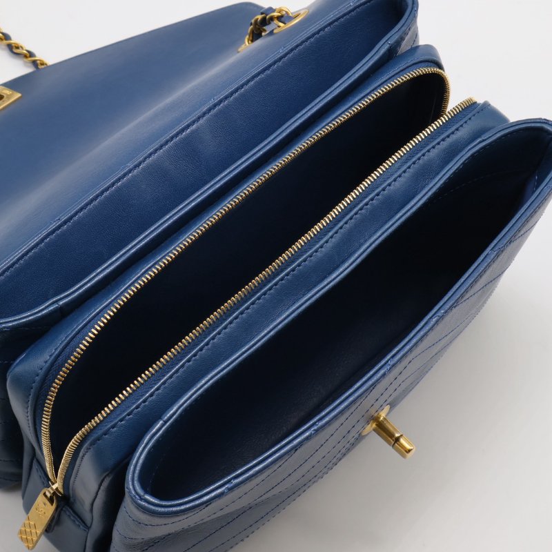 CHANEL 復古V紋信封郵差包 - 藍金25開-8