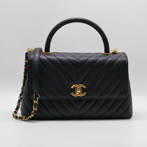 CHANEL Coco handleV字蜥蜴紋壓花手柄 - 中號黑金26開