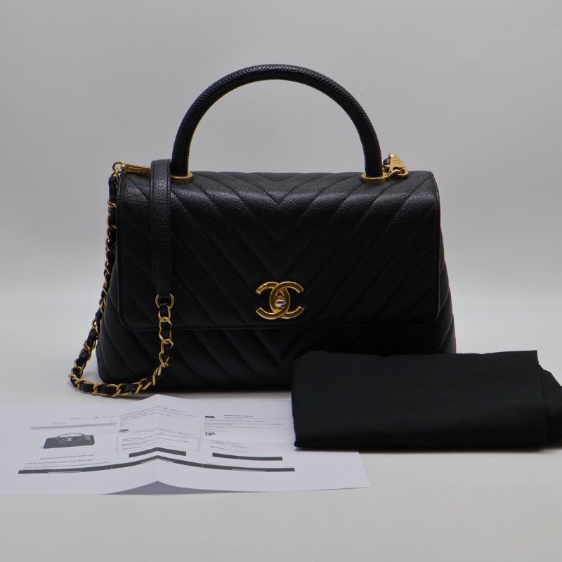 CHANEL Coco handleV字蜥蜴紋壓花手柄 - 中號黑金26開-20