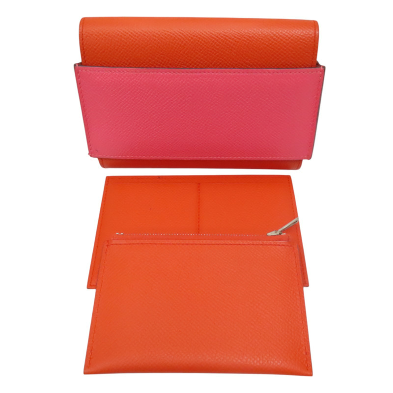 橘/粉色 Epsom牛皮 Passant 子母短夾 A刻 銀扣【HERMES 愛馬仕】-4