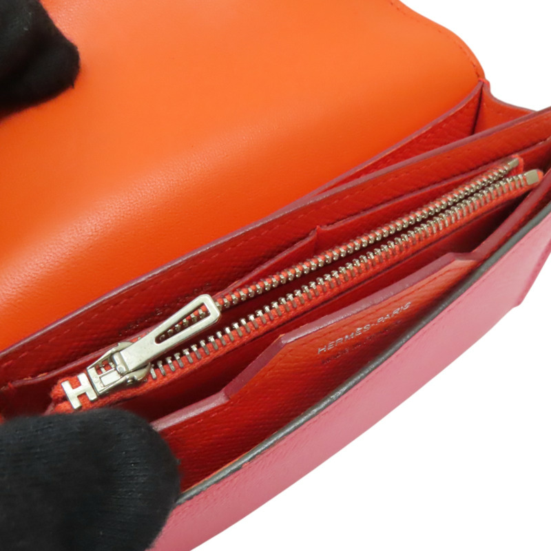 橘/粉色 Epsom牛皮 Passant 子母短夾 A刻 銀扣【HERMES 愛馬仕】-5