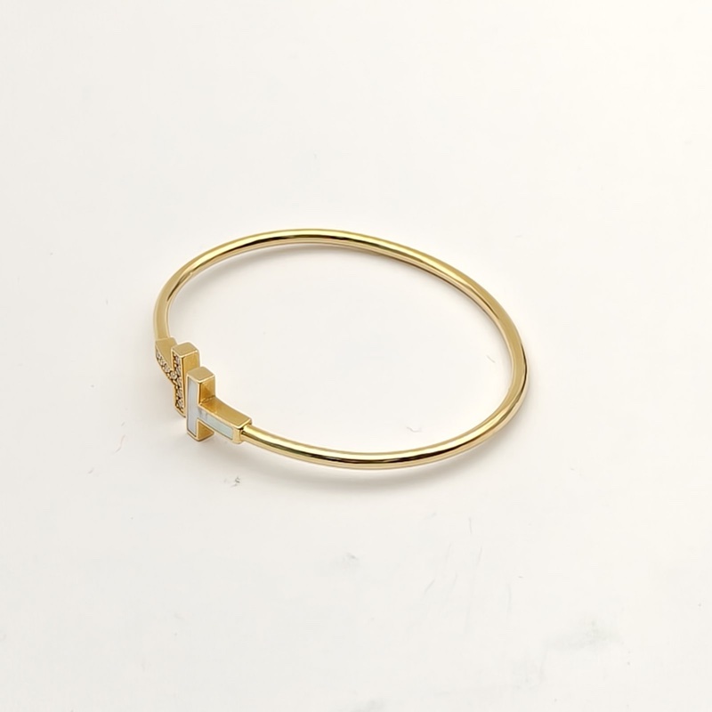 TIFFANY&CO T線圈手鐲中號珍珠母貝半鑽18K黃金15號-1
