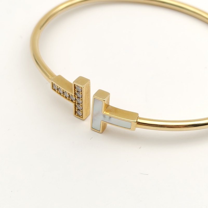 TIFFANY&CO T線圈手鐲中號珍珠母貝半鑽18K黃金15號-3
