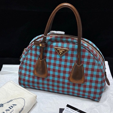 S級 98成新 Prada 藍紅格紋保齡球包
