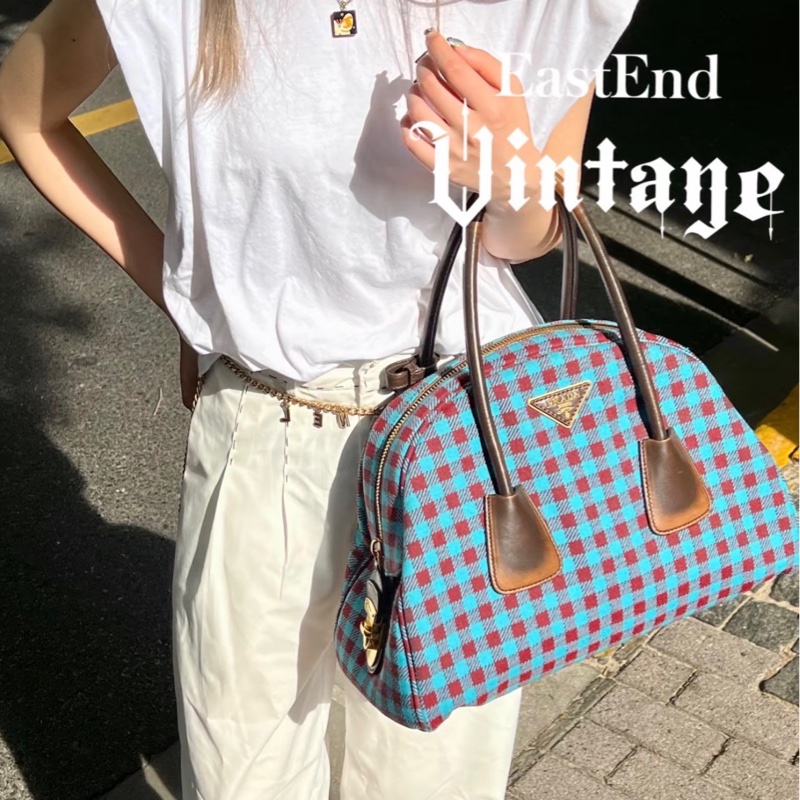 S級 98成新 Prada 藍紅格紋保齡球包-5