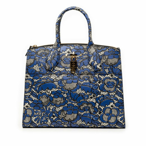 路易威登 Flower Lace City Steamer MM 2017 限量版手提包 M54758 藍黑白皮革女士 LOUIS VUITTON