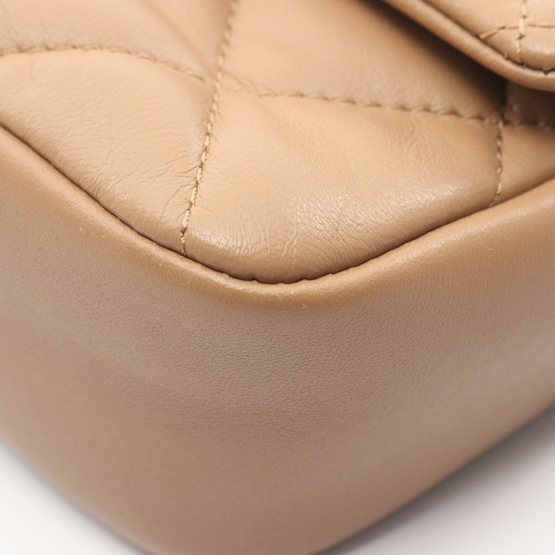 香奈兒迷你絎縫鏈條單肩包,羊皮材質,米色,二手,女士款,金色五金-5