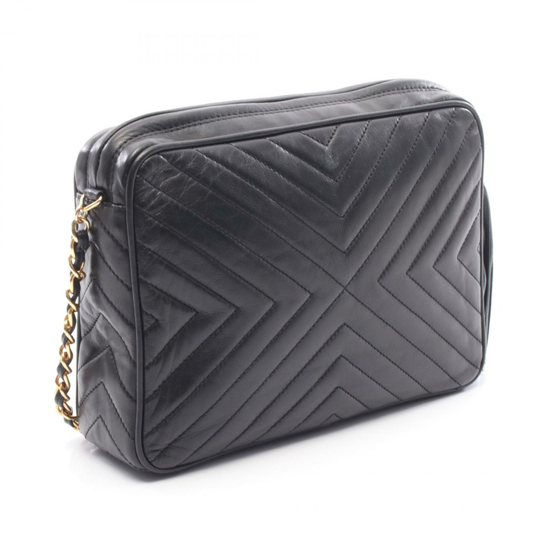 香奈兒 V 字縫線鏈條單肩包,羊皮材質,黑色,二手,女士款,金色五金配件,CC-1