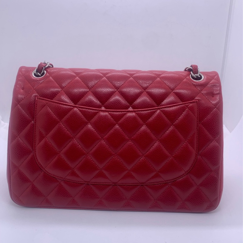 Chanel香奈兒jumbo酒紅色荔枝皮雙蓋銀扣鏈條包,鐳射16開-1