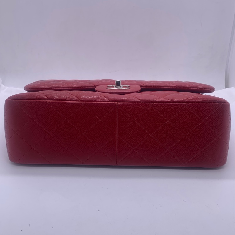 Chanel香奈兒jumbo酒紅色荔枝皮雙蓋銀扣鏈條包,鐳射16開-2