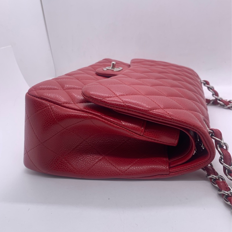 Chanel香奈兒jumbo酒紅色荔枝皮雙蓋銀扣鏈條包,鐳射16開-3