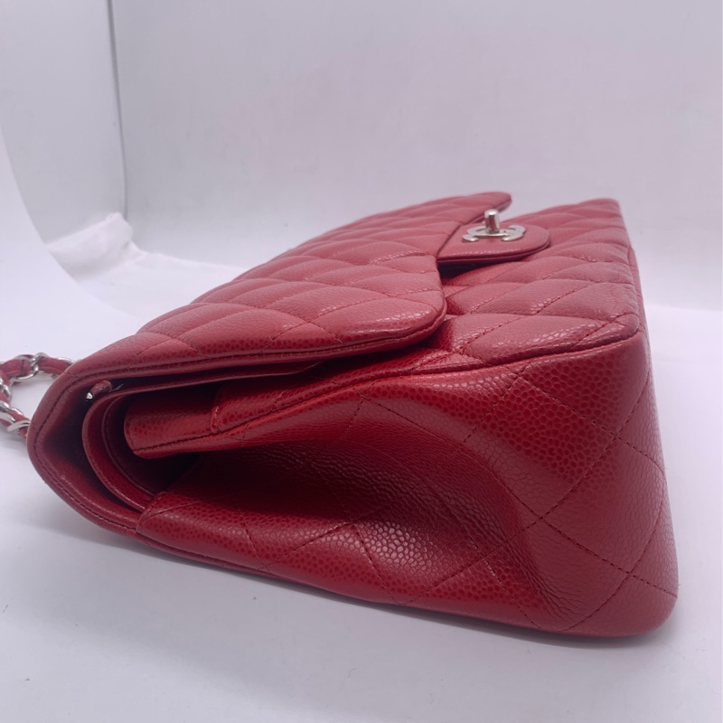 Chanel香奈兒jumbo酒紅色荔枝皮雙蓋銀扣鏈條包,鐳射16開-4