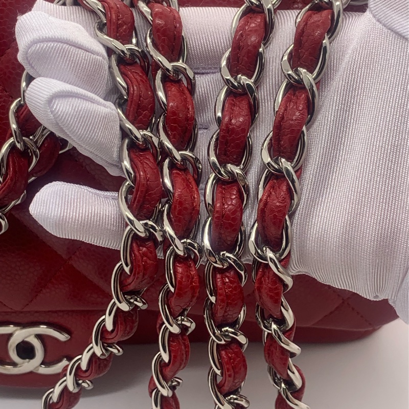 Chanel香奈兒jumbo酒紅色荔枝皮雙蓋銀扣鏈條包,鐳射16開-7