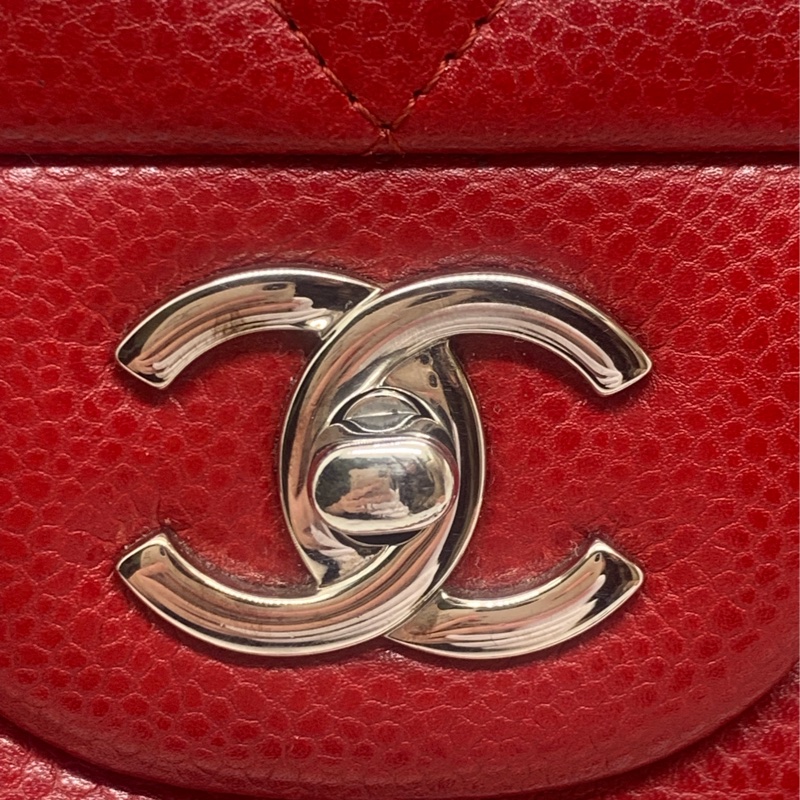 Chanel香奈兒jumbo酒紅色荔枝皮雙蓋銀扣鏈條包,鐳射16開-8