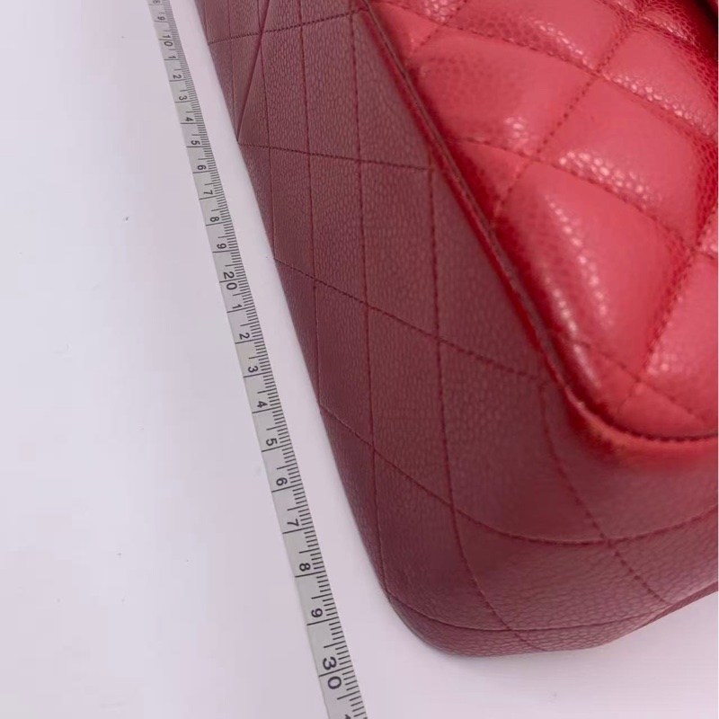 Chanel香奈兒jumbo酒紅色荔枝皮雙蓋銀扣鏈條包,鐳射16開-15