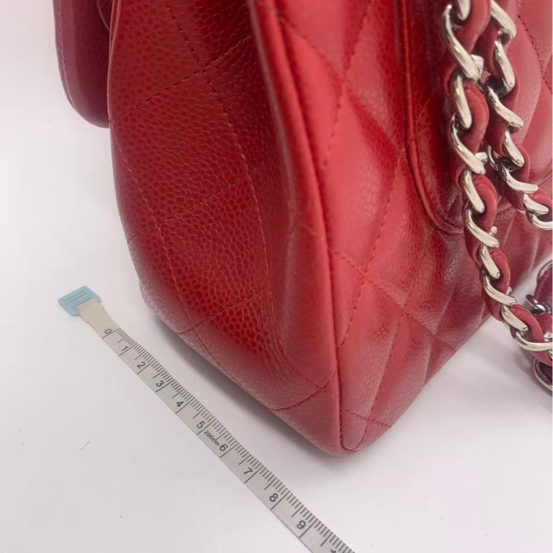 Chanel香奈兒jumbo酒紅色荔枝皮雙蓋銀扣鏈條包,鐳射16開-16