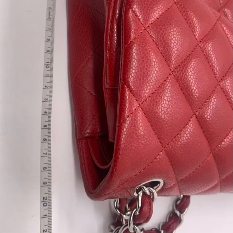 Chanel香奈兒jumbo酒紅色荔枝皮雙蓋銀扣鏈條包,鐳射16開-17