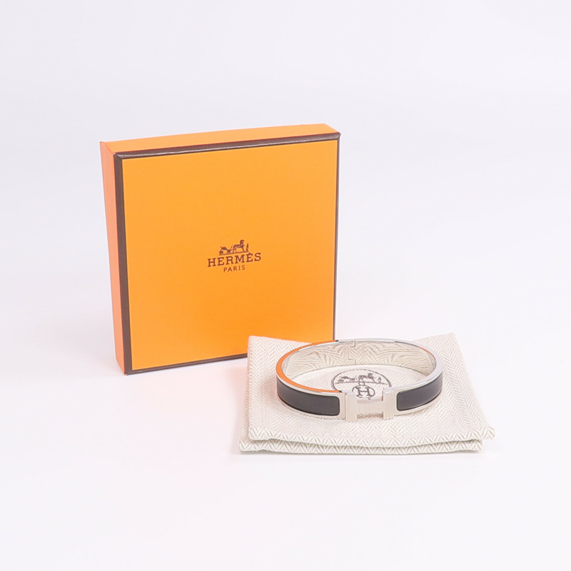 HERMES 金屬/琺瑯Clic HH銀扣手鐲Noir-9