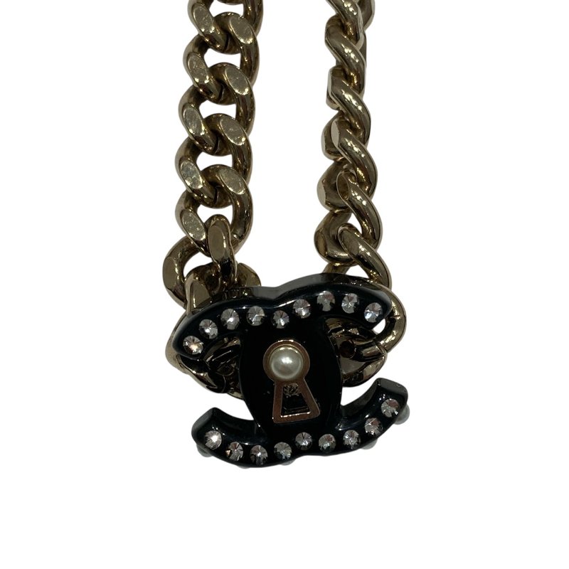 CHANEL 香奈兒 雙C珍珠鎖頭壓克力項鍊 黑色 水鑽-0