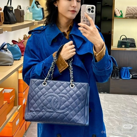 CHANEL藍銀荔枝牛皮 GST手提肩背包34*24*13 98新配件盒子塵袋保卡