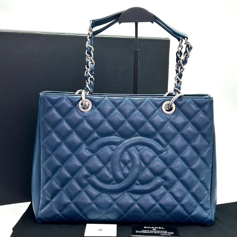 CHANEL藍銀荔枝牛皮 GST手提肩背包34*24*13 98新配件盒子塵袋保卡-1