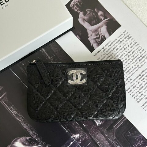 CHANEL 25C一字拉鍊零錢包 - 黑銀