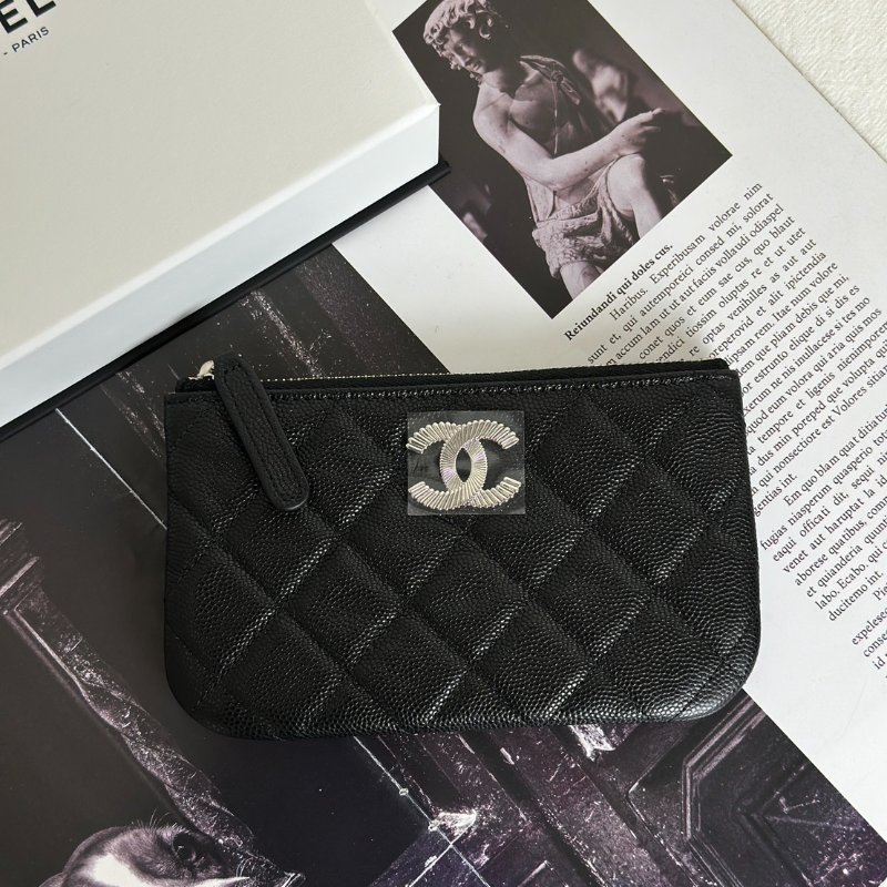 CHANEL 25C一字拉鍊零錢包 - 黑銀-0