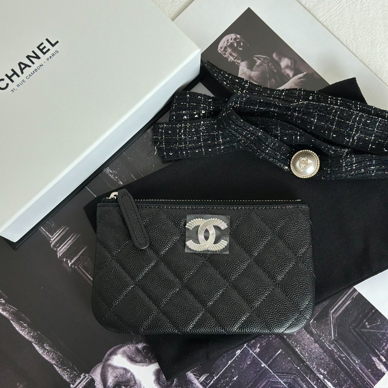 CHANEL 25C一字拉鍊零錢包 - 黑銀-5