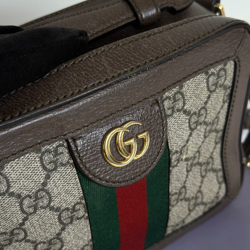 GUCCI 帆布老花綠紅織帶相機包-11