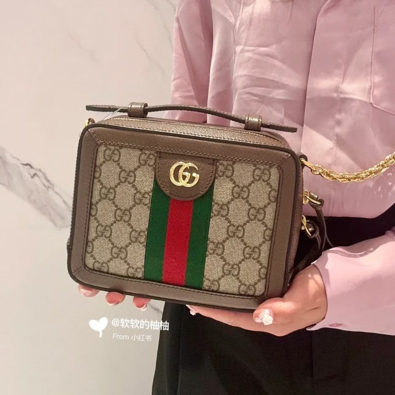 GUCCI 帆布老花綠紅織帶相機包-19