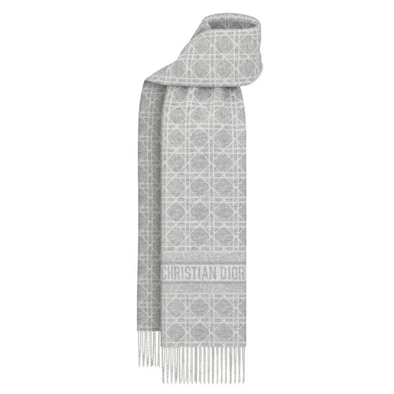 【Dior 迪奧】Cannage 喀什米爾羊絨 籐格紋 圍巾 灰色 61CAN201I035_C841-2