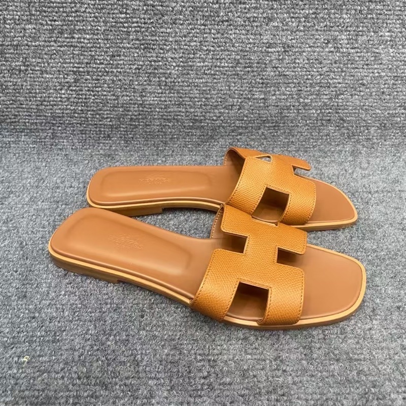 HERMES愛馬仕 Oran 小牛皮 一字拖鞋 女款 棕色38碼-3