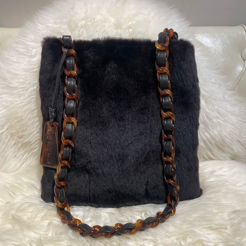 Chanel 中古兔毛玳瑁單帶肩袋-0