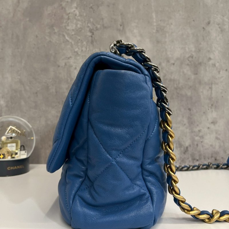 Chanel 19Bag 中號 藍色金釦 完整雷標30開-2