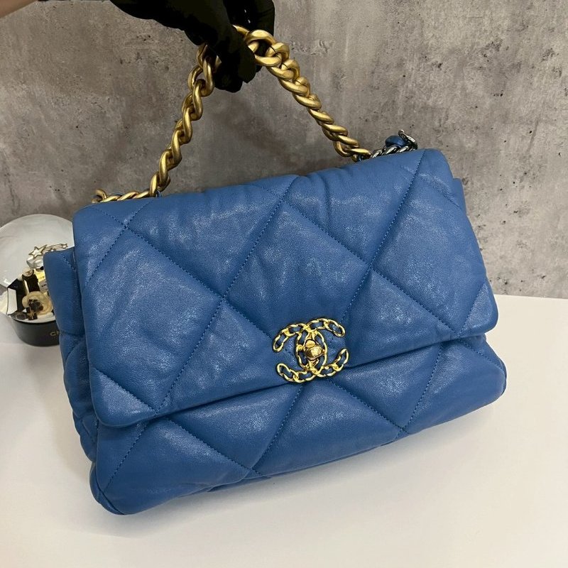 Chanel 19Bag 中號 藍色金釦 完整雷標30開-0