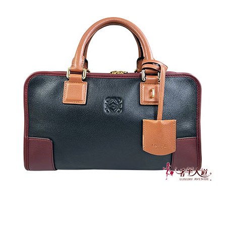 *奢華大道國際精品*【LW223】LOEWE黑拚酒紅色牛皮 AMAZONA 28CM 手提包-0