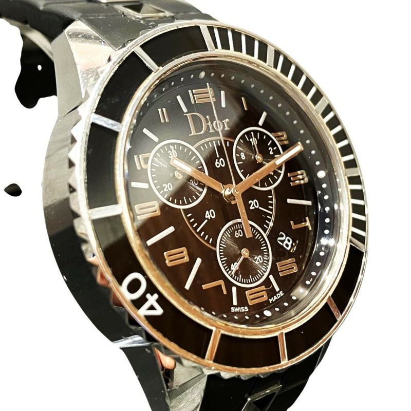 迪奧水晶計時日期腕錶，102.6克，不鏽鋼橡膠錶殼，石英機芯，黑色錶盤，CD114317，免運費-3