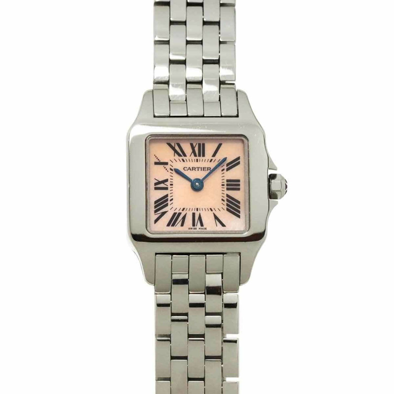 卡地亞 Santos Demoiselle SM W25075Z5 女士粉紅貝殼石英腕錶-0