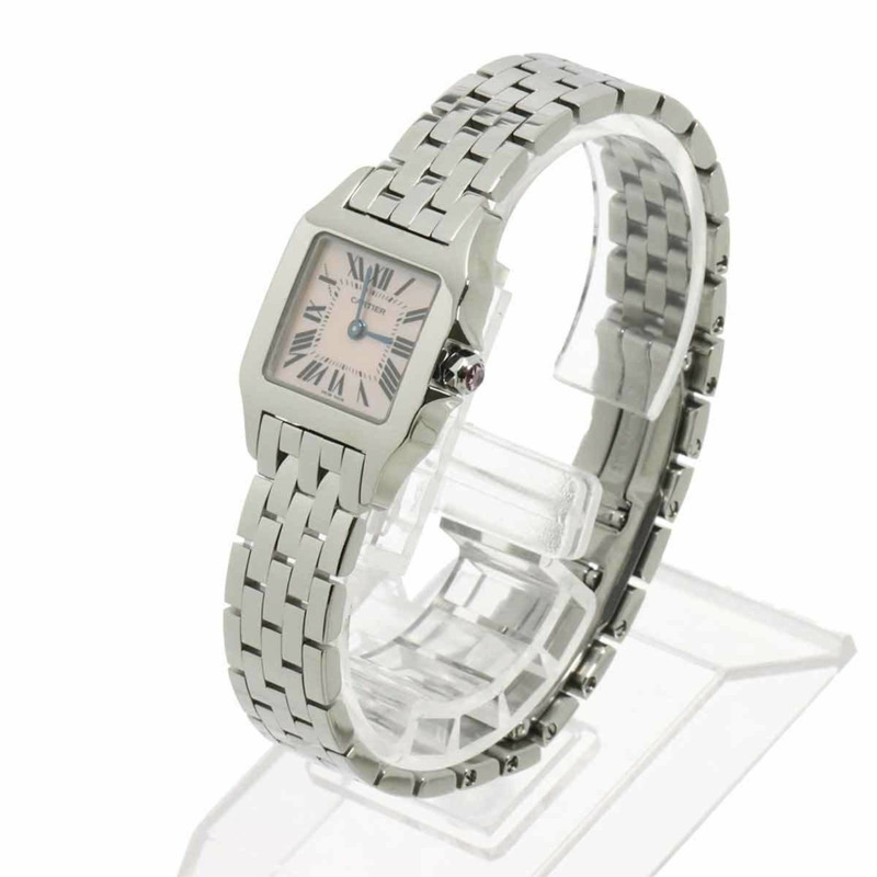 卡地亞 Santos Demoiselle SM W25075Z5 女士粉紅貝殼石英腕錶-3